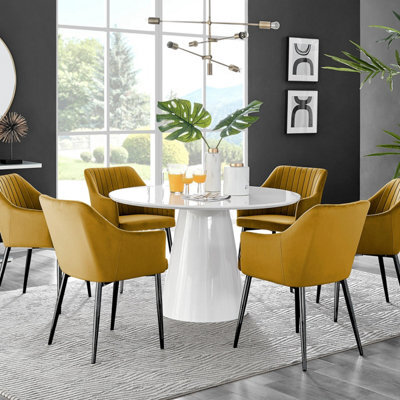 Furniturebox Uk Palma White High Gloss Round Dining Table & 6 Mustard Calla Black Leg Chairs
