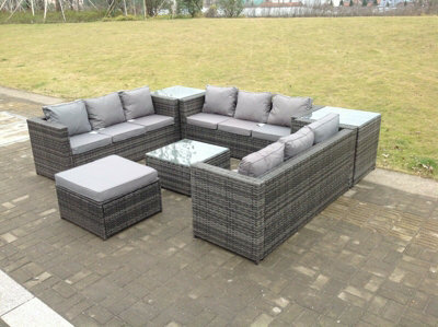 Fimous 10 Seater U Shape Rattan Sofa Set Outdoor Garden Furniture Patio With 3 Table Dark Grey Mixed - image 1