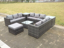 Fimous 10 Seater U Shape Rattan Sofa Set Outdoor Garden Furniture Patio With 3 Table Dark Grey Mixed - thumbnail 5