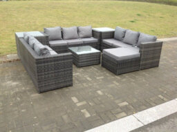 Fimous 10 Seater U Shape Rattan Sofa Set Outdoor Garden Furniture Patio With 3 Table Dark Grey Mixed - thumbnail 2