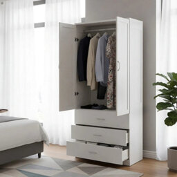 2 Door 3 Drawer Tall Wardrobe With Hanging Rails Modern Bedroom Furniture White - thumbnail 6