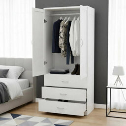2 Door 3 Drawer Tall Wardrobe With Hanging Rails Modern Bedroom Furniture White - thumbnail 5