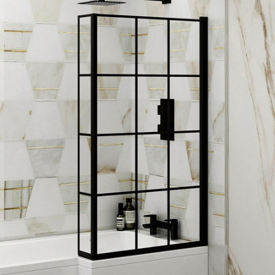 Royal Bathrooms 1430mm Matt Black Grid Framed L-Shaped Fixed Bath Screen With Panel 6mm Toughened Safety Glass - image 1