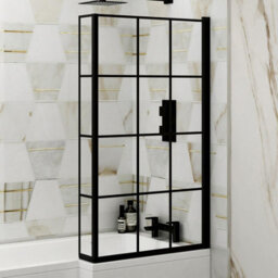 Royal Bathrooms 1430mm Matt Black Grid Framed L-Shaped Fixed Bath Screen With Panel 6mm Toughened Safety Glass - thumbnail 1