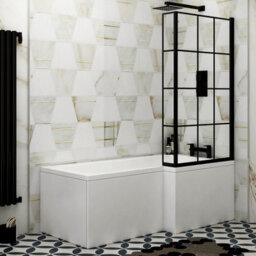 Royal Bathrooms 1430mm Matt Black Grid Framed L-Shaped Fixed Bath Screen With Panel 6mm Toughened Safety Glass - thumbnail 3