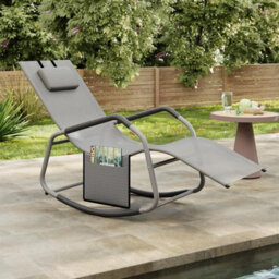 Songmics Outdoor Rocking Chair, Recliner With Adjustable Headrest And Steel Frame, Anti-Tip Design With Storage Pocket, Dove Grey - thumbnail 1
