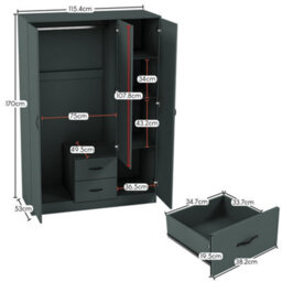 Lassic Vida Designs Riano 3 Piece Bedroom Set (3 Drawer Bedside Chest, 4 Drawer Chest, 3 Door 2 Drawer Mirrored Wardrobe), Grey - thumbnail 3
