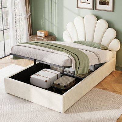 Btm 3Ft Single Upholstered Hydraulic Bed With Petal Headboard Velvet Storage Bed Solid Wood Slats Beige No Mattress - image 1