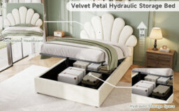Btm 3Ft Single Upholstered Hydraulic Bed With Petal Headboard Velvet Storage Bed Solid Wood Slats Beige No Mattress - thumbnail 8
