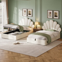 Btm 3Ft Single Upholstered Hydraulic Bed With Petal Headboard Velvet Storage Bed Solid Wood Slats Beige No Mattress - thumbnail 4