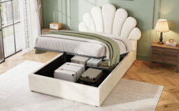 Btm 3Ft Single Upholstered Hydraulic Bed With Petal Headboard Velvet Storage Bed Solid Wood Slats Beige No Mattress - thumbnail 9