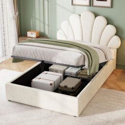 Btm 3Ft Single Upholstered Hydraulic Bed With Petal Headboard Velvet Storage Bed Solid Wood Slats Beige No Mattress - thumbnail 3