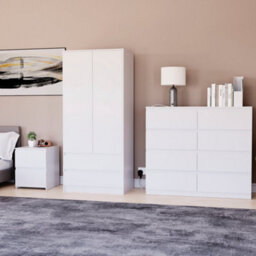 Lassic Vida Designs Denver 3 Piece Bedroom Set - (2 Drawer Large Bedside Chest, 8 Drawer Chest, 2 Door 2 Drawer Wardrobe), White - thumbnail 1