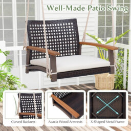 Costway Rattan Porch Swing Chair Patio Wicker Single Hanging Seat W/ Ropes - thumbnail 8