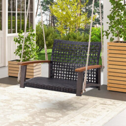 Costway Rattan Porch Swing Chair Patio Wicker Single Hanging Seat W/ Ropes - thumbnail 4