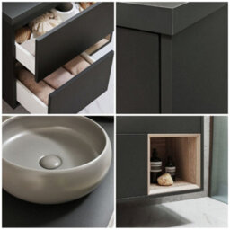 Homestylestore Black Grey 800mm Wall Hung Bathroom Vanity Unit Round Pebble Countertop Basin Open Shelf - thumbnail 2