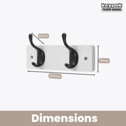 Keypak 2 Matte Black Coat Hooks On White Wooden Board - 22.5Cm Modern Wall Mounted Coat Rack - thumbnail 3