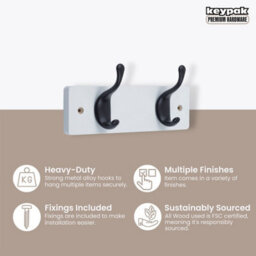 Keypak 2 Matte Black Coat Hooks On White Wooden Board - 22.5Cm Modern Wall Mounted Coat Rack - thumbnail 2