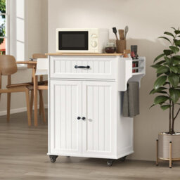 Bealife Kitchen Island On Wheels, Farmhouse Storage Cabinet With Rubber Wood Countertop, Adjustable Shelves & Side - thumbnail 1