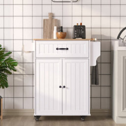 Bealife Kitchen Island On Wheels, Farmhouse Storage Cabinet With Rubber Wood Countertop, Adjustable Shelves & Side - thumbnail 4