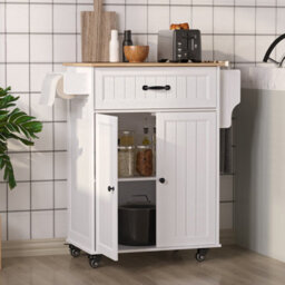 Bealife Kitchen Island On Wheels, Farmhouse Storage Cabinet With Rubber Wood Countertop, Adjustable Shelves & Side - thumbnail 3