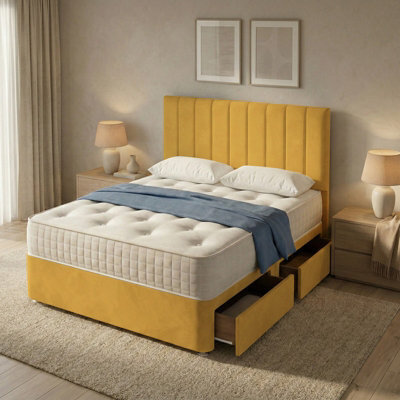 "Adore Designs Portland Plush Velvet Divan Bed, 50"" Headboard - 4Ft6 Double - Turmeric - 2 Drawers Same Side" - image 1