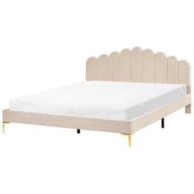 Beliani Bed Velvet Sauvian 180 X 200 Cm (Eu Super King) Beige - image 1