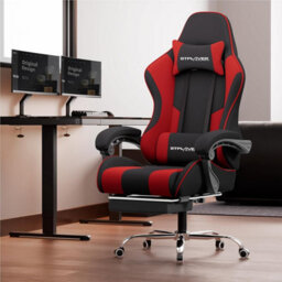 Gtplayer Fabric Gaming Chair With Footrest, Massage Ergonomic Computer Chairs Height Adjustable Heavy Duty Pc Chair, Red - thumbnail 2