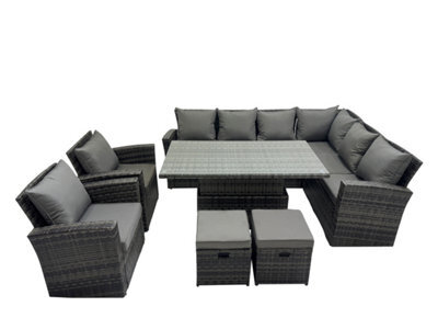 Fimous 10 Seat Rattan Garden Furniture Corner Sofa Set Outdoor Adjustable Lifting Dining Or Coffee Table Set With 2 Small Stools - image 1