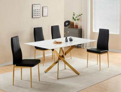 Furnizone UK Auric 6-Seater White Marble-Effect Glass Dining Table And 6 Glitz Black Faux Leather Chairs - image 1