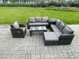 Fimous 8 Seater Wicker Pe Rattan Sofa Set Outdoor Patio Garden Furniture Set With Side Table Reclining Chairs Coffee Table - thumbnail 1
