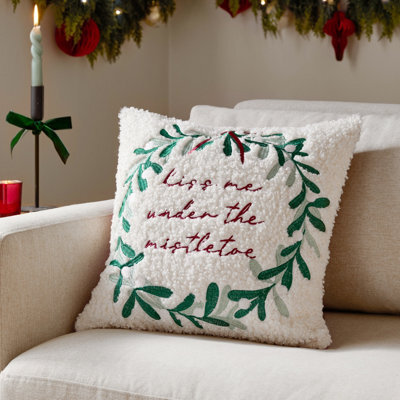 Furn. Mistletoe Wreath Embroidered Feather Filled Cushion , 45Cm X 45Cm, Multicolour - image 1