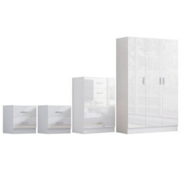 Reflect 3 Door Plain Wardrobe, 5 Drawer Chest, 2X 2 Drawer Bedsides - White Gloss & Matt White - Modern Bedroom Furniture Set - thumbnail 5