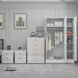 Reflect 3 Door Plain Wardrobe, 5 Drawer Chest, 2X 2 Drawer Bedsides - White Gloss & Matt White - Modern Bedroom Furniture Set - thumbnail 4