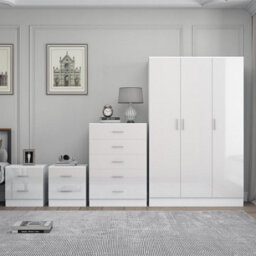 Reflect 3 Door Plain Wardrobe, 5 Drawer Chest, 2X 2 Drawer Bedsides - White Gloss & Matt White - Modern Bedroom Furniture Set - thumbnail 3