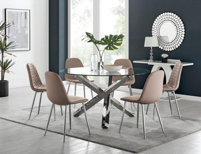Furniturebox Uk Vogue Large Round Chrome Metal Clear Glass Dining Table And 6 Cappuccino Beige Corona Silver Dining Chairs Set - image 1