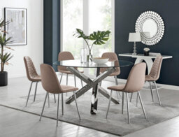 Furniturebox Uk Vogue Large Round Chrome Metal Clear Glass Dining Table And 6 Cappuccino Beige Corona Silver Dining Chairs Set