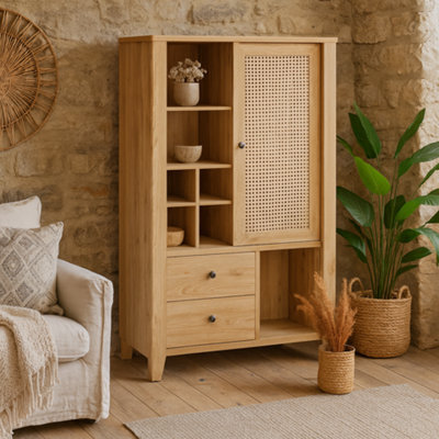 Wyld Haus Monza Natural Oak And Rattan Highboard, 1 Door 2 Drawers, 925 X 420 X 1500mm - image 1