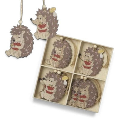 Heaven Sends Christmas Wooden Hedgehog Hanging Decorations Set Of 8, 15.7 X 15.7 Cm Each - Boxed Rustic Tree Ornaments