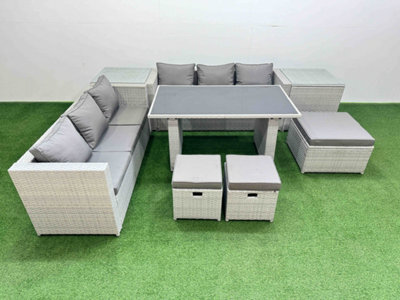 Fimous Rattan Garden Furniture Dining Set 9-Seater Patio Rectangular Table Sofa Set With 2 Side Tables 3 Stools Light Grey - image 1