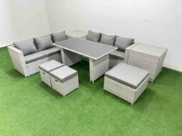 Fimous Rattan Garden Furniture Dining Set 9-Seater Patio Rectangular Table Sofa Set With 2 Side Tables 3 Stools Light Grey - thumbnail 2