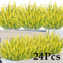 Amorly 24Pcs Yellow Artificial Lavender Flowers Outdoor Uv Resistant Fake Flowers No Fade Faux Plastic Plants Window Box Decorating - thumbnail 1