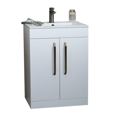 Plum&clay Denver Gloss White Freestanding Vanity Unit & Basin Set With Gun Grey Tap & Handles (W)615mm (H)850mm - image 1