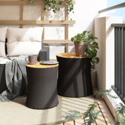 Berkfield Garden Side Tables 2 Pcs With Wooden Top Black Poly Rattan - thumbnail 3