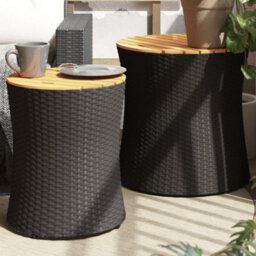 Berkfield Garden Side Tables 2 Pcs With Wooden Top Black Poly Rattan - thumbnail 1