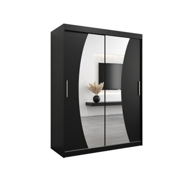 Arte Wave Contemporary 2 Mirrored Sliding Door Wardrobe 5 Shelves 2 Rails Black Matt (H)2000mm (W)1500mm (D)620mm - image 1