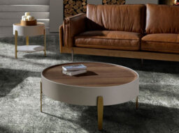 Angel Cerda Elegant Round Coffee Table In Walnut And Beige Wood With Golden Steel Legs - thumbnail 2