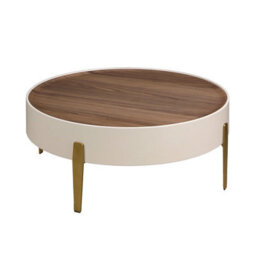 Angel Cerda Elegant Round Coffee Table In Walnut And Beige Wood With Golden Steel Legs