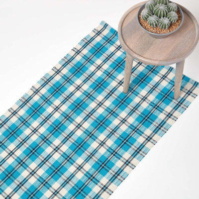 Homescapes Irvine Handwoven Blue Tartan 100% Cotton Rug, 66 X 200 Cm - image 1