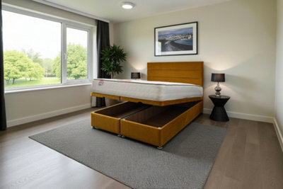 "Knight Sleep York Ottoman Bed Mustard Plush 4Ft With Mattress & 24""headboard - Small Double" - image 1